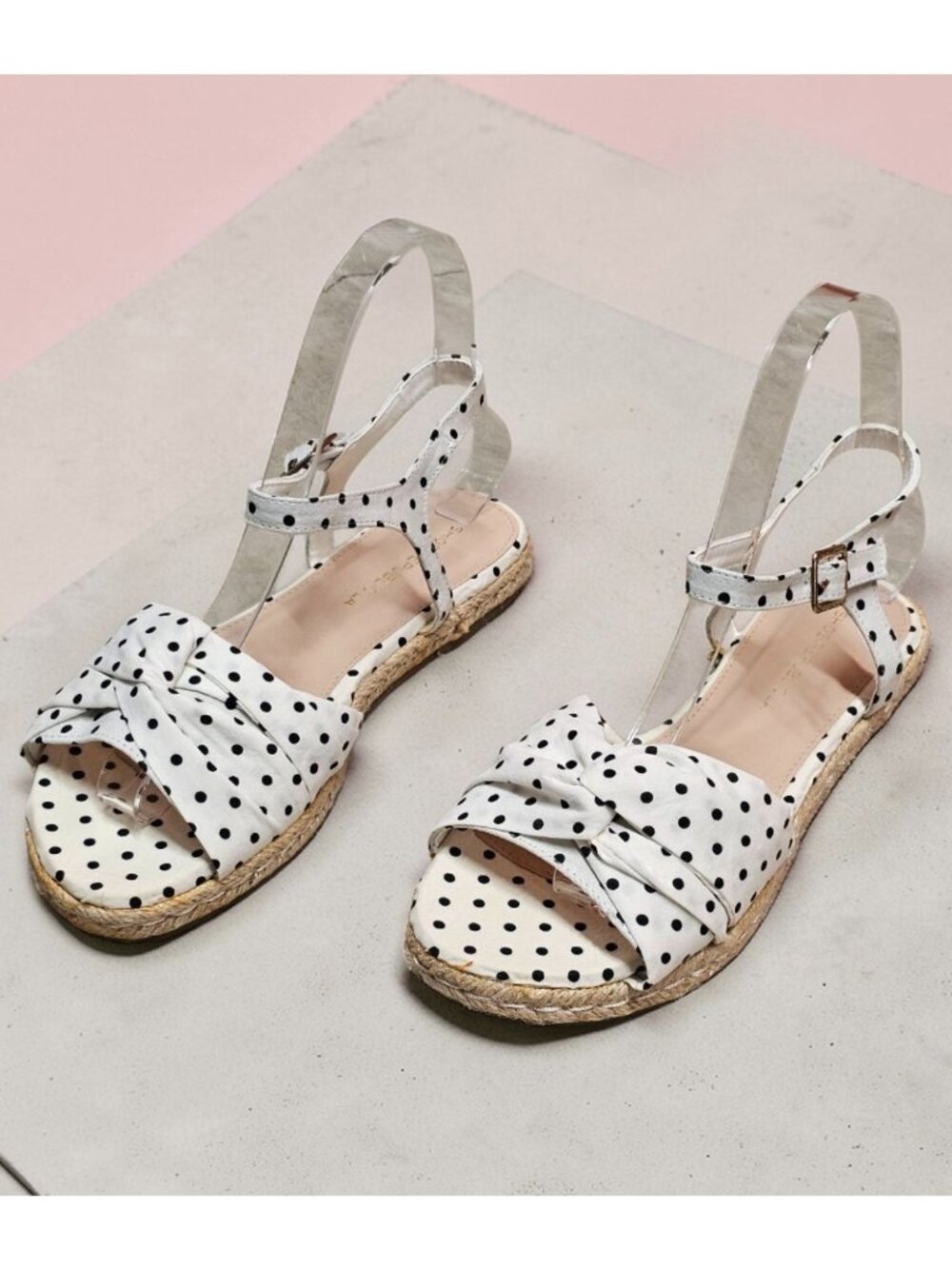 White Polka Dot Espadrille Sandals With Bow & Adjustable Ankle Strap For Women